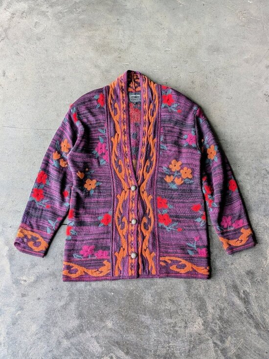 Vintage Sweaters - Vintage Purple Floral Wool Blend Oversized Boyfriend Cardigan Eclectic Grandpa